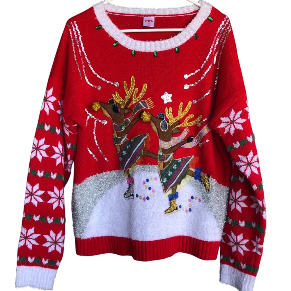 Holiday Time Ugly Sweater Ice Skating Red,Green, Reindeer Design Large 12-14 - Picture 1 of 12